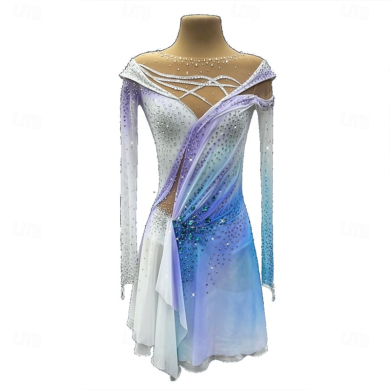 Figure Skating Dress Women's Girls' Ice Skating Dress White Thumbhole Halo Dyeing High Elasticity Professional Competition Skating Wear Thermal Warm Crystal / Rhinestone Long Sleeve Ice Skating2