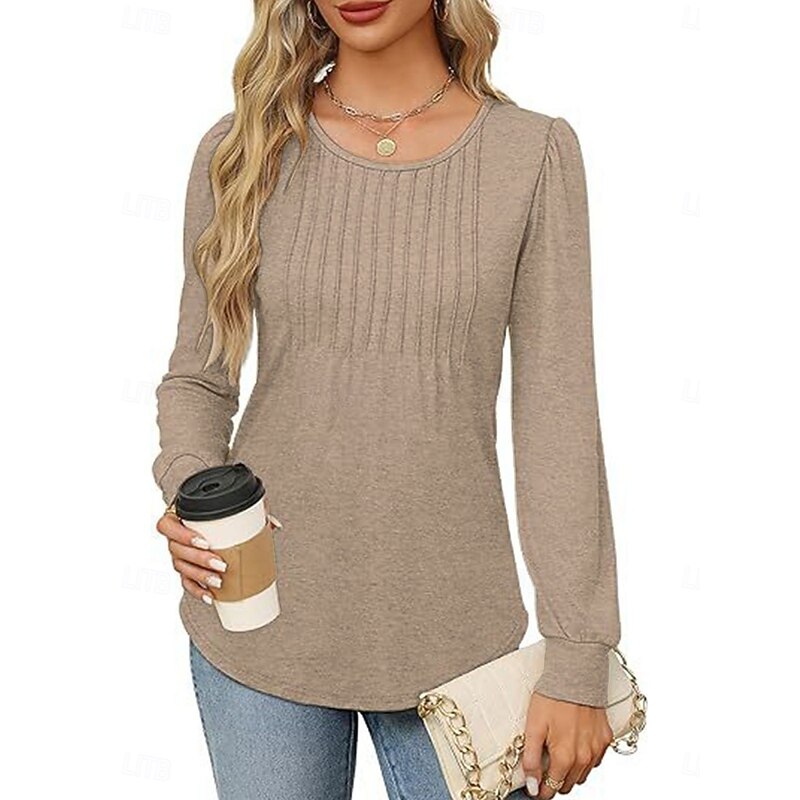 Women's Shirt Blouse Solid Color Basic Casual Long Sleeve Crew Neck Regular Tops Daily Ruched Black White Pink Wine Blue Summer Spring3