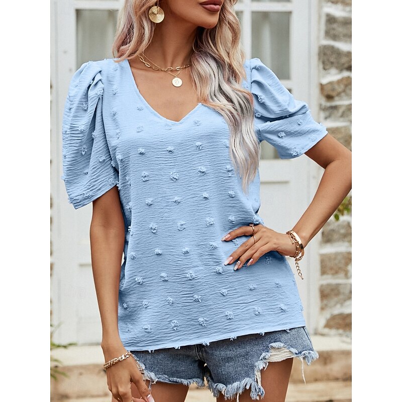 Women's T Shirt Plain Fashion Modern Casual Short Sleeve Puff Sleeve V Neck Regular Tops Daily Weekend Pink Blue Beige Summer - Main Image