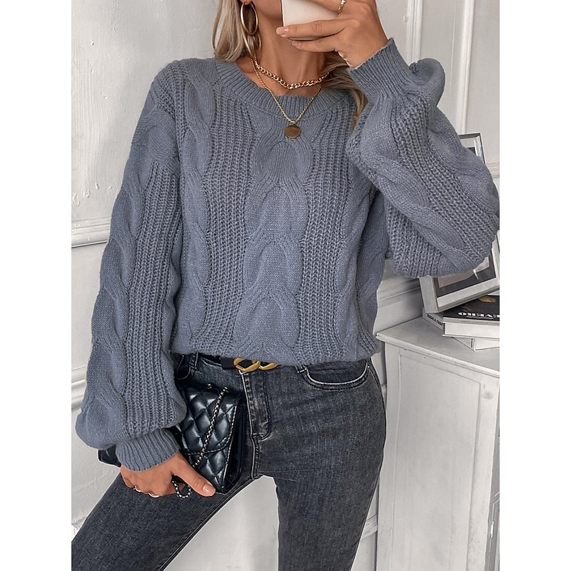 Women's Sweater Casual Soft Pure Color Cable Crew Neck Knitted Long Sleeve Regular Tops Knit Outdoor Daily Weekend Khaki Gray Fall Winter4