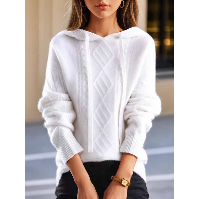 Women's Sweater Casual Soft Pure Color Ribbed Hooded Knitted Long Sleeve Regular Tops Knit Outdoor Daily Weekend White Navy Blue Fall Winter4