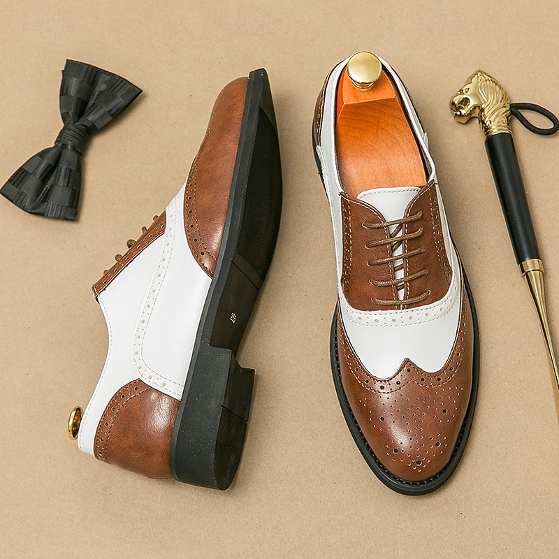 Men's Two-Tone Wingtip Oxford Brogue Shoes in Brown and White, Genuine Leather Gatsby-Inspired 1920s Vintage Dress Shoes for Wedding, Jazz Party, and Formal Events2