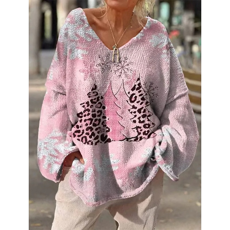 Women's Sweater Casual Soft Floral Graphic Ribbed V Neck Knitted Print Long Sleeve Regular Tops Knit Outdoor Daily Weekend Pink Blue Fall Winter2