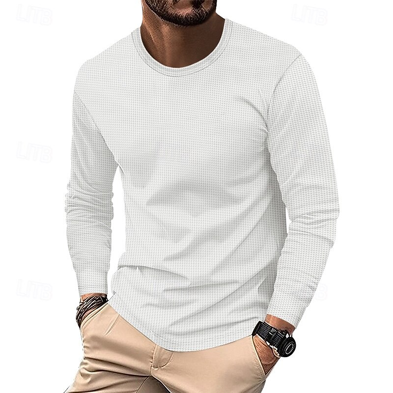 Men's T Shirt Tee Waffle Knit Tee Tee Top Long Sleeve Crew Neck Spring &  Fall Plain Fashion Designer Basic Classic Vacation Street Going out Black White Khaki Top Tee for Men