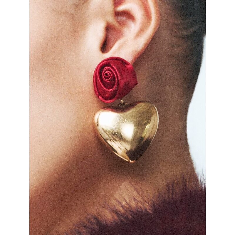 Women's Romantic Rose and Heart Drop Earrings, Red Satin Flower with Gold-Tone Heart Design, Statement Jewelry for Weddings, Valentine's Day Gift, and Special Occasions