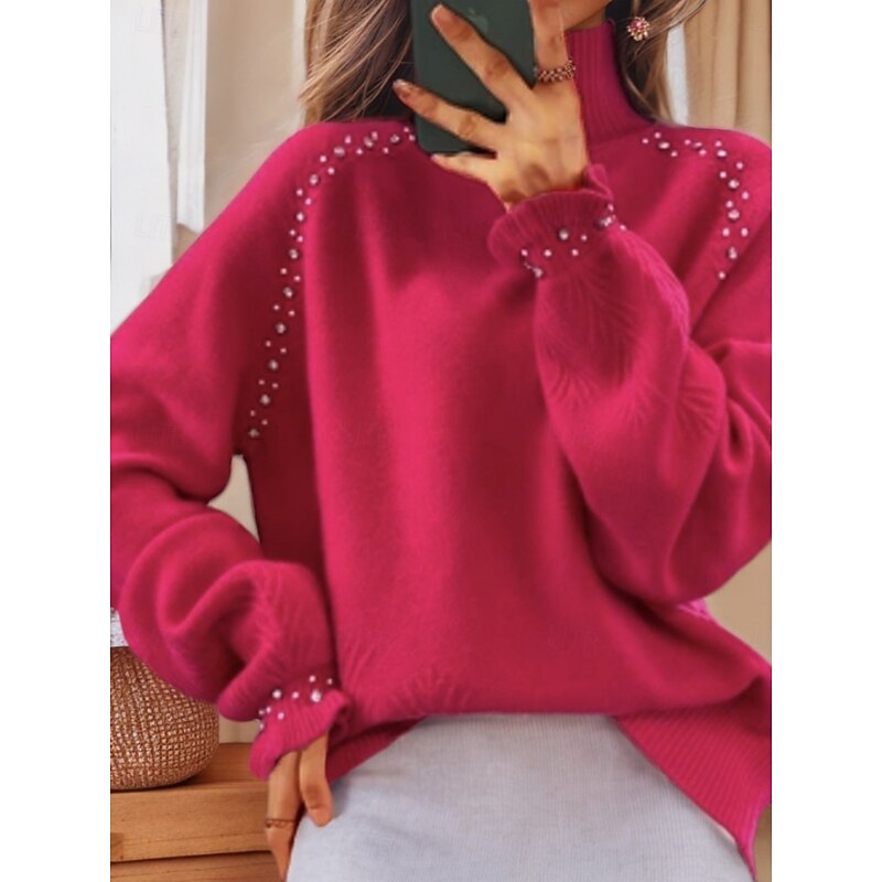 Women's Sweater Casual Soft Pure Color Ribbed Turtleneck Beaded Knitted Long Sleeve Regular Tops Knit Outdoor Daily Weekend Black White Fall Winter4