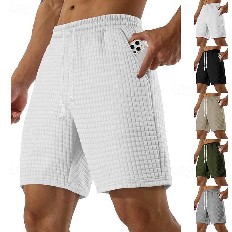 Men's Waffle Shorts Sweat Shorts Bermuda shorts Pocket Drawstring Elastic Waist Plain Comfort Sports Short Outdoor Yoga Daily Casual Athleisure Black White Micro-elastic
