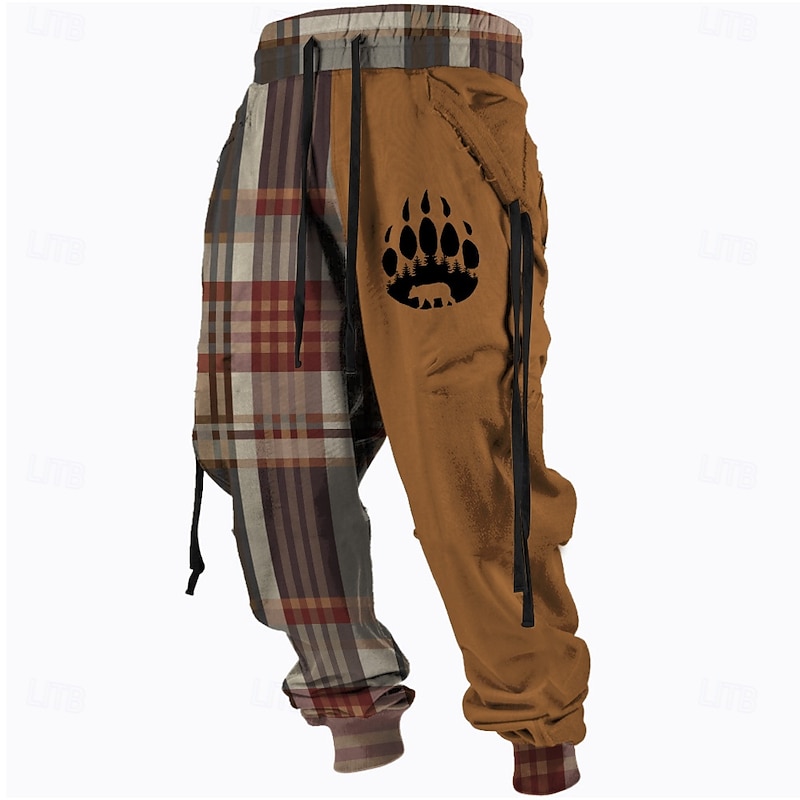 Men's Plaid Bear Paw Sweatpants Trousers Mid Waist Drawstring Elastic Waist Active Vintage Casual Outdoor Streetwear with Pockets Spring Fall 3D Print Black Yellow Brown4