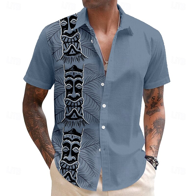 Men's Mask Bandana Print Tiki Casual Shirt Button Up Shirt Aloha Shirt Short Sleeve Tribal Holiday Summer Spring Turndown Button Up Blue Green Beige Gray3