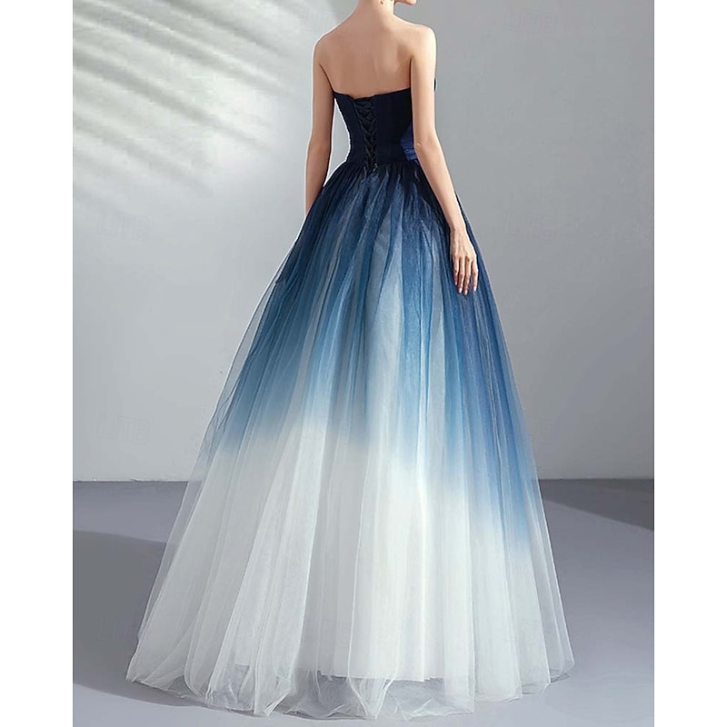 Ombre A-Line Prom Dresses Evening Dress Pleated Formal Masquerade Floor Length Sleeveless Strapless Tulle with3