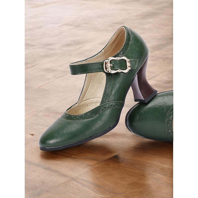 Women's Vintage Gatsby Green faux Leather Mary Jane Pumps for  Mid-Heel Dress Shoes with Brogue Detailing and Buckle Strap, Ideal for Office, Formal Events, and Retro Style Outfits2