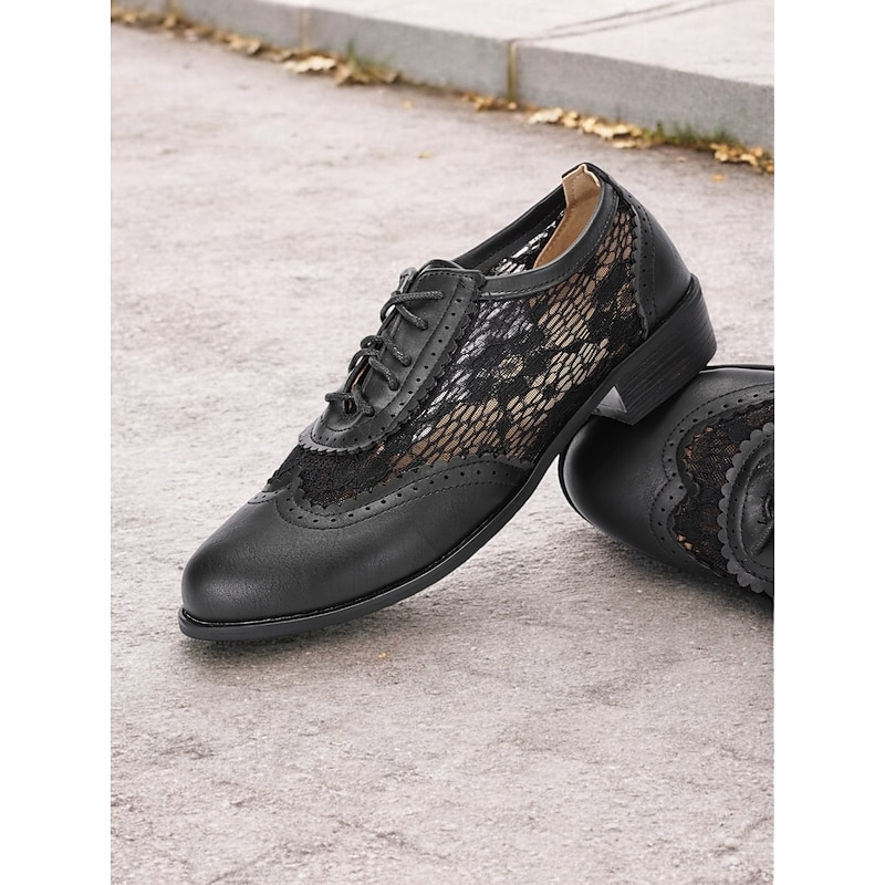Women's Stylish Black Lace-Up Oxford Shoes with Perforated Lace Design | Perfect for Casual and Dressy Occasions3