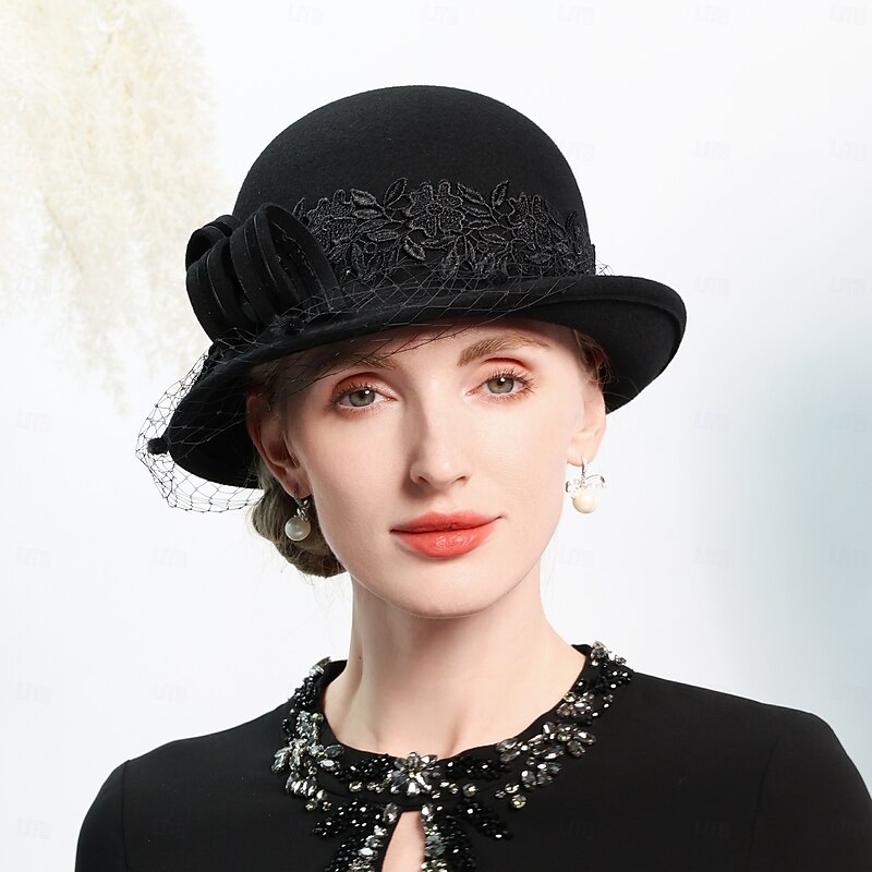 Hats 100% Wool Bowler / Cloche Hat Bucket Hat Top Hat Tea Party Elegant Wedding With Lace Ribbons Headpiece Headwear