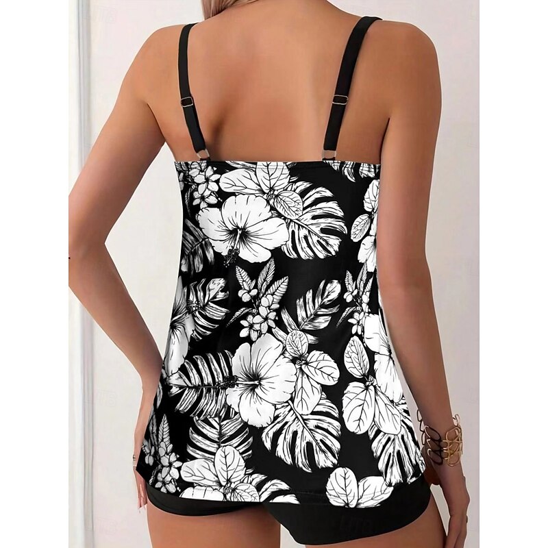 Women's Swimwear Tankini 2 Piece Boy Leg Swimsuit Backless High Waist Vacation Beach Wear Floral Leaves Round Neck Sleeveless Bathing Suits2