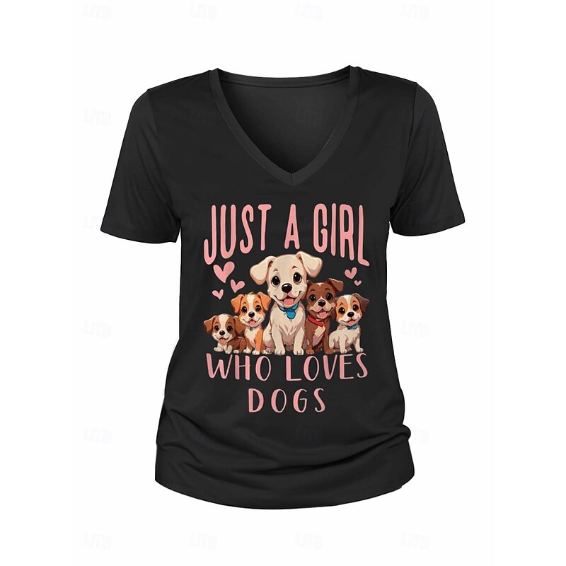 Women's T Shirt Dog Letter Stylish Casual Short Sleeve V Neck Regular Tops Daily Print Black Summer