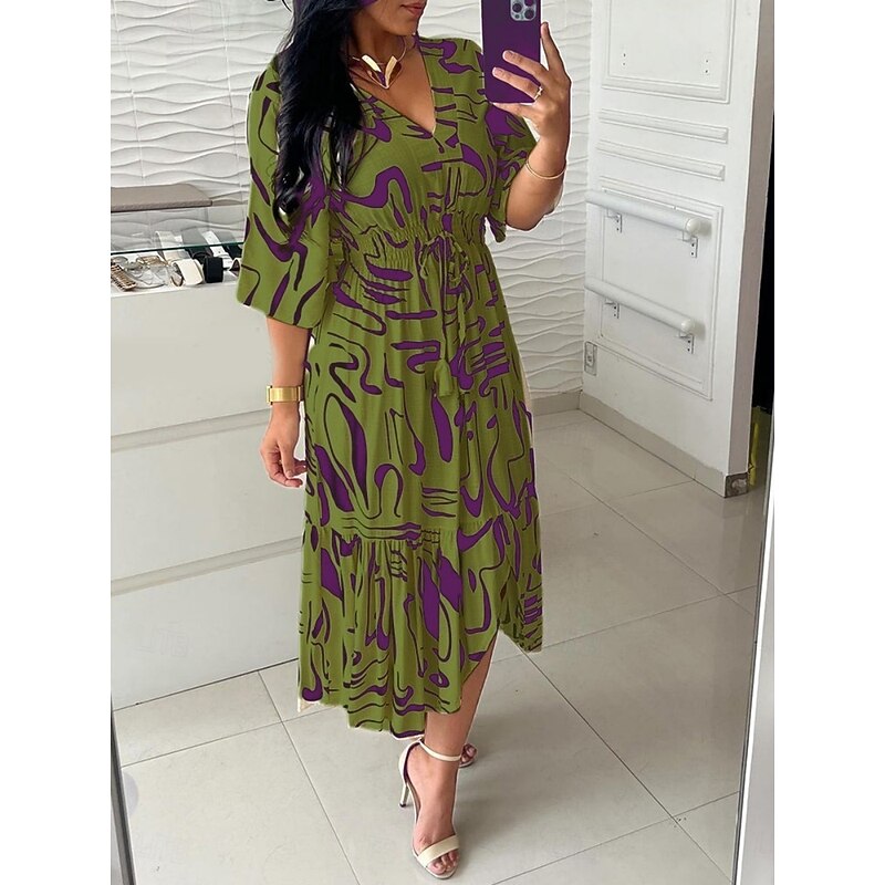 Women's Maxi Dress Casual Dress Swing Dress A Line Dress Casual Daily Regular Fit Graphic 3/4 Length Sleeve V Neck Blue Khaki Army Green Summer Spring Fall2