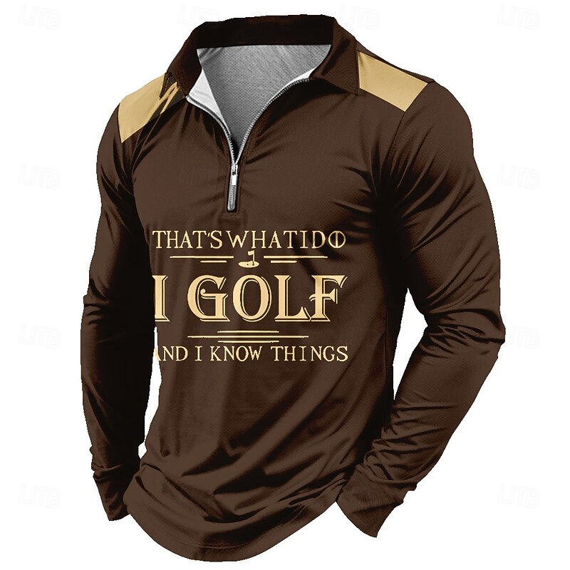 Men's Letter Zip Polo Shirts Golf Shirt Long Sleeve Polo Shirts Collared Shirts Casual Outdoor Street Dailywear 3D Print Quarter Zip Polo Spring Fall & Winter Black Brown Dark Blue2