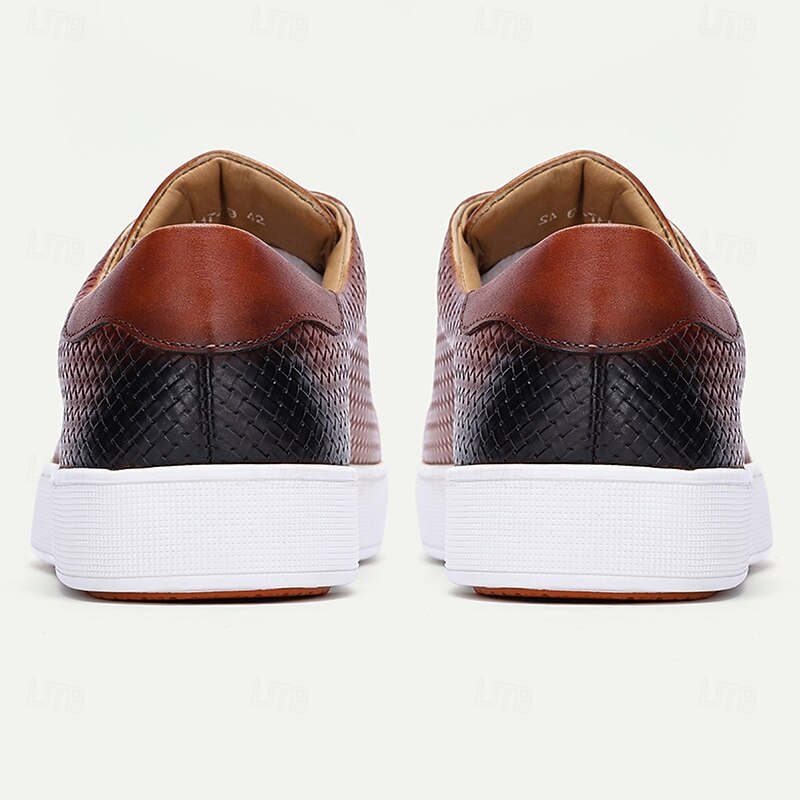 Brown Leather Woven Sneakers with White Sole for Men | Versatile for Casual and Business Casual 6