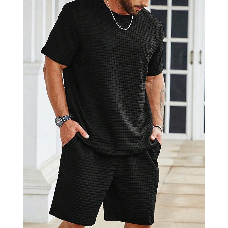 Men's Waffle Shirt T-shirt Suits 2 Pieces Outfits Tee & Shorts Short Sleeve Crew Neck Summer Plain Fashion Casual 2 Piece Vacation Daily Wear Going out Black White khaki Top Tee for Men