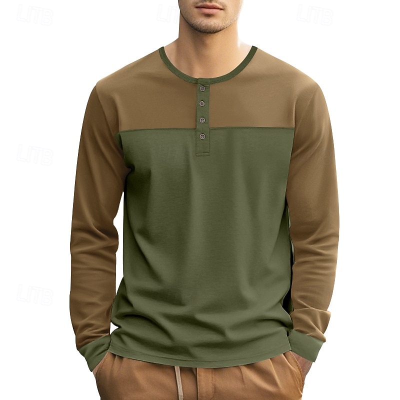 Men's T Shirt Henley Shirt Henley Top Long Sleeve Solid Color Vintage Casual Patchwork Henley Outdoor Causal Casual Spring Fall Spring &  Fall Black Green Light Blue Henley T-Shirt2