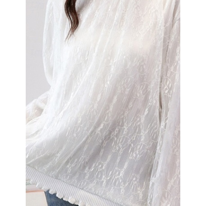 Women's Flowy Tops Solid Color Elegant Ladies Long Sleeve High Neck Regular Tops Going out Lace White Gray Spring Fall3