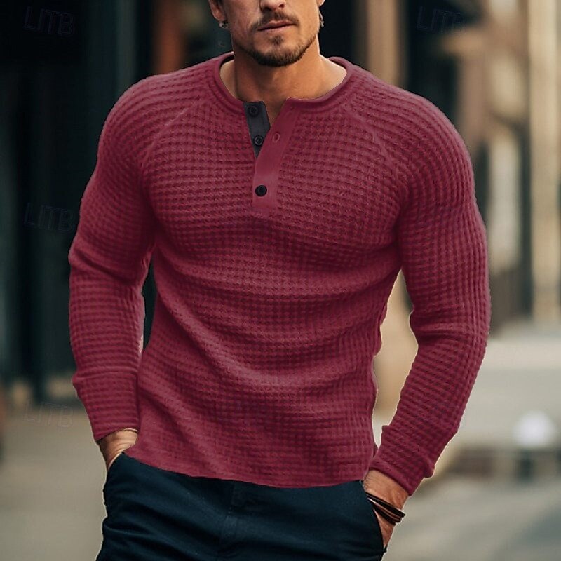 Men's Button T Shirt T Shirt Waffle Henley Shirt Henley Shirt Long Sleeve Henley Spring &  Fall Plain Fashion Designer Basic Vacation Street Going out Black White Red Top Tee for Men