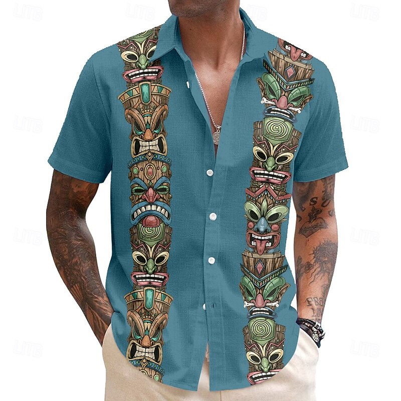 Men's Mask Bandana Print Tiki Casual Shirt Button Up Shirt Aloha Shirt Short Sleeve Tribal Holiday Summer Spring Turndown Button Up Black Pink Blue Green