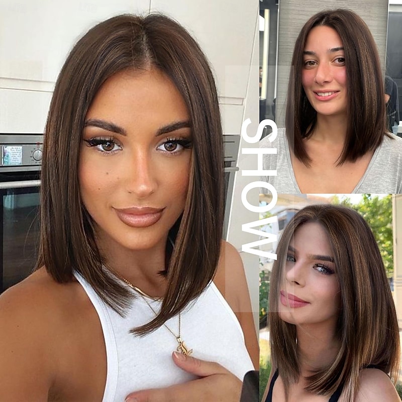 Bob Wigs for Women,Brown Mid Length Wig with Highlights,Short Straight Bob Wig, Brown Middle Part Synthetic Wig4