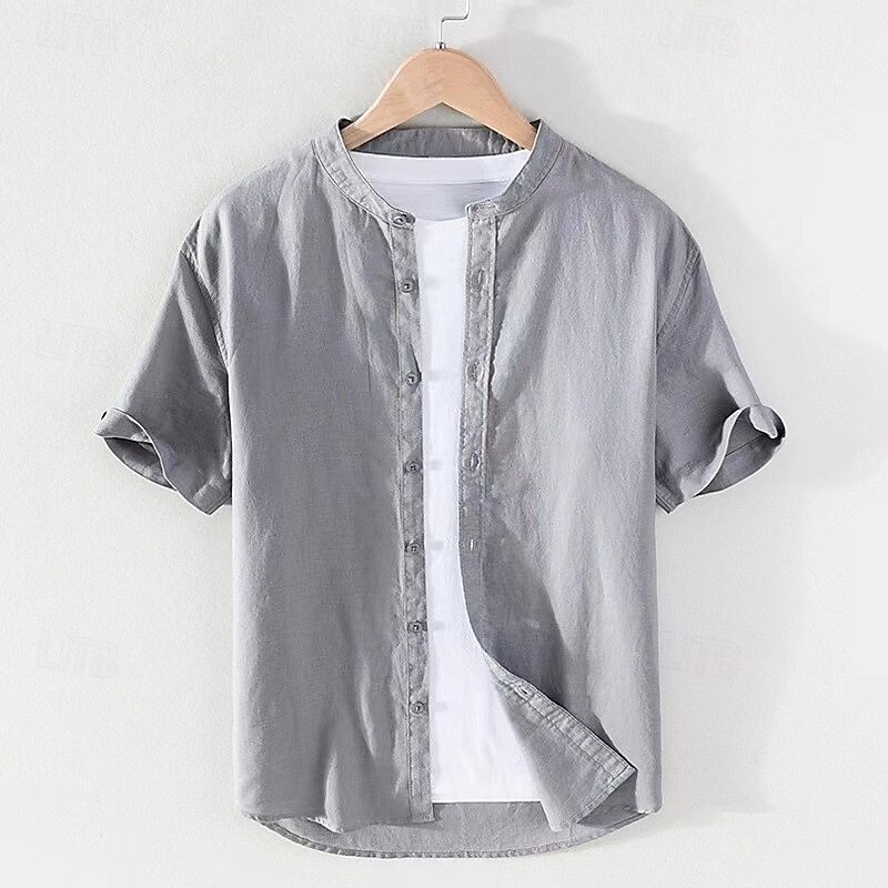 Men's Shirt Chinese Collar Shirt Mandarin Collar Shirt Casual Shirt Button Up Shirt Cotton Shirt Plain Vacation Street White Navy Blue Khaki Light Grey Short Sleeve Grandad Collar Summer Clothing4