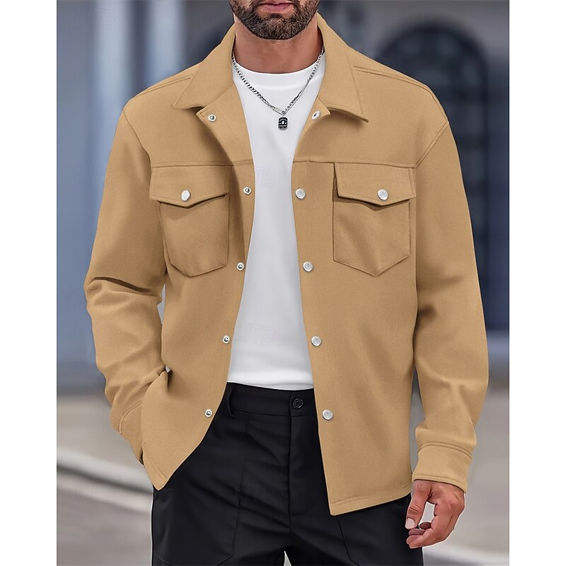 Men's Shirt Jacket Overshirts Transition Jacket Daily Lightweight Pocket Spring Plain Classic Lapel Regular Black Yellow Navy Blue Green Jacket2