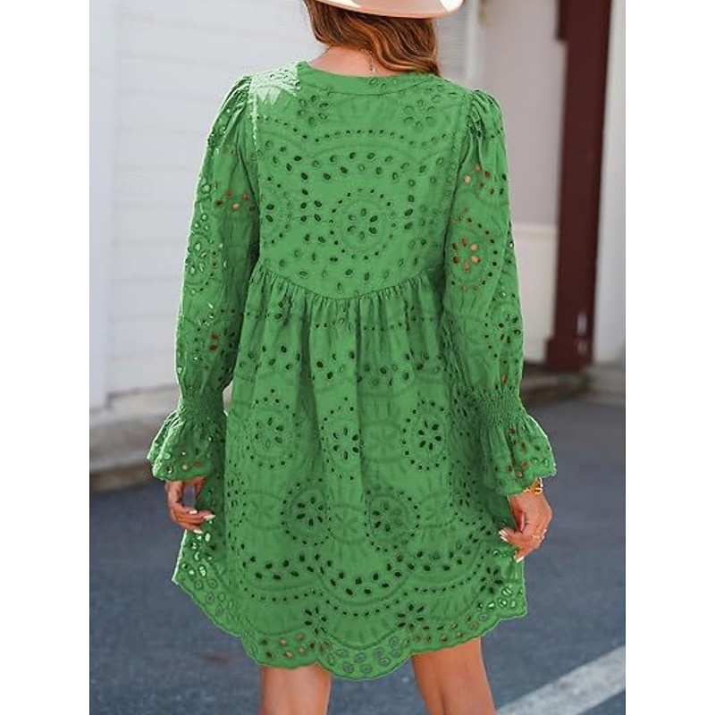 Women's Casual Dress Mini Dress Cotton Embroidered Vacation Beach Casual V Neck Long Sleeve Puff Sleeve White Green Color2