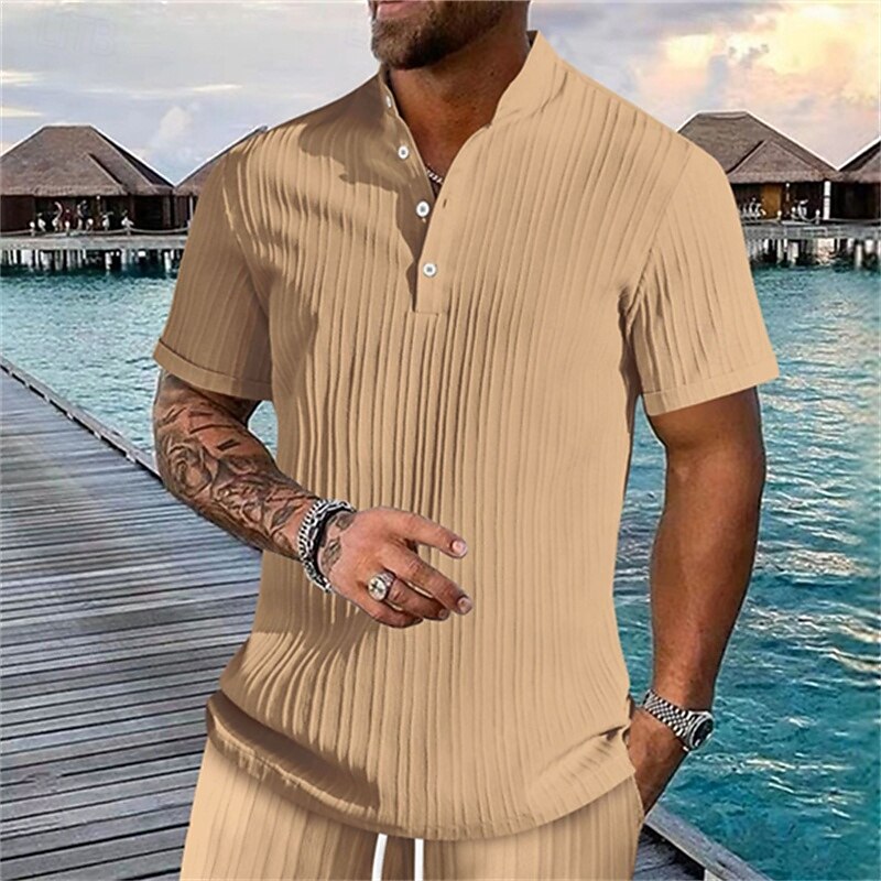 Men's 2 Piece Shirt Set Summer Set Matching Sets Casual Shirt Button Up Shirt Black White Royal Blue khaki Light Blue Short Sleeve Plain Collar Vacation Daily Clothing Apparel Fashion Casual4