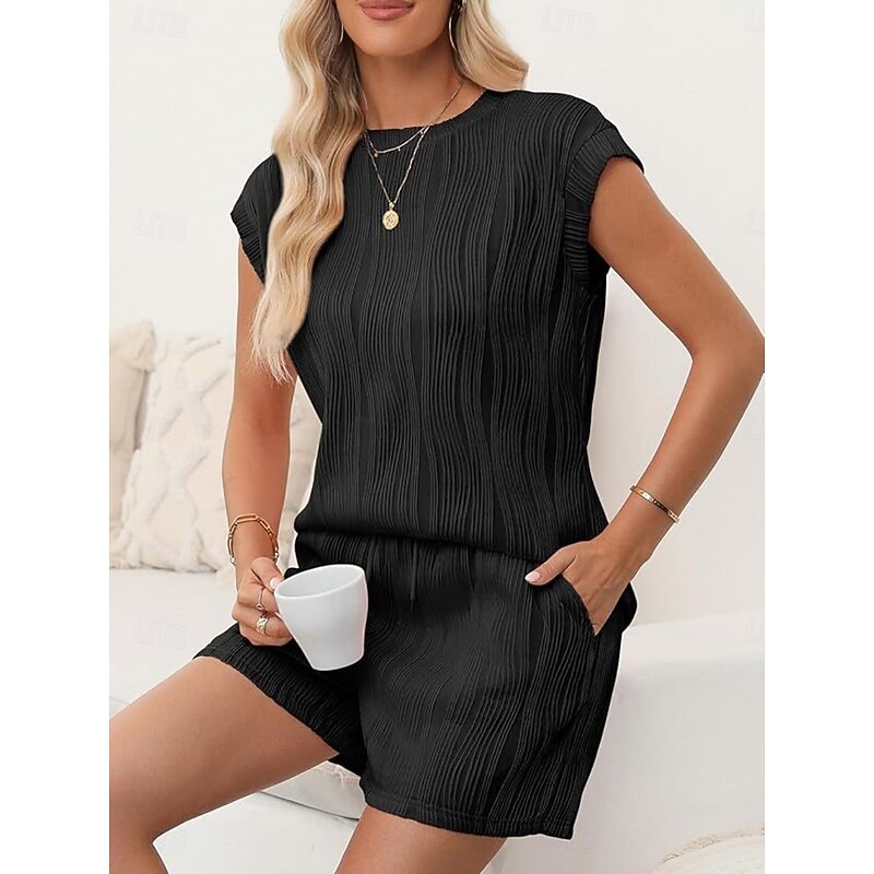 Women's Pajama Set Casual Comfort Pure Color Pocket Elastic Waist T Shirt Shorts Home Daily Short Sleeve Crew Neck Black White Pink Summer Spring Fall Regular Fit4