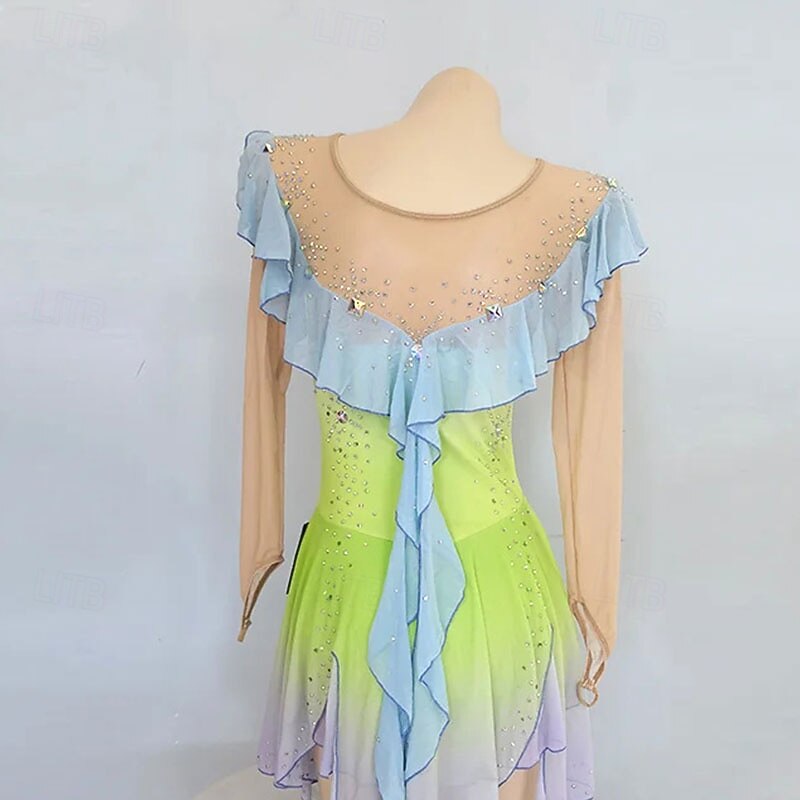 Figure Skating Dress Women's Girls' Ice Skating Dress White Green Patchwork High Elasticity Training Competition Skating Wear Classic Crystal / Rhinestone Long Sleeve Ice Skating Figure Skating3