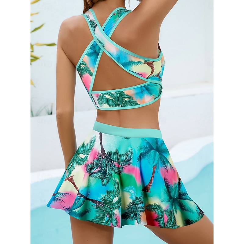Women's Swimwear Bikini 2 Piece Skirt Swimsuit Backless Slim Vacation Beach Wear Floral V Neck Sleeveless Bathing Suits2