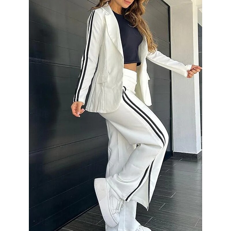 Women's Daily Blazer Wide Leg Pants Long Sleeve Shirt Collar Striped Patchwork Black White Khaki Spring &  Fall Regular Fit4