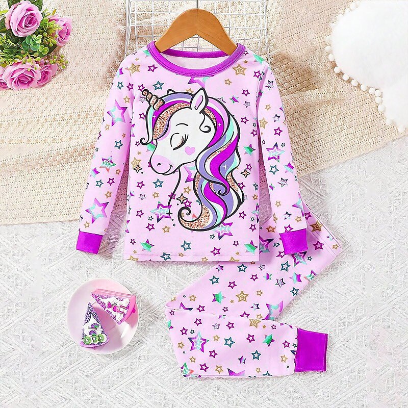 Girls' 3D Unicorn Pajama Sets Pink Long Sleeve 3D Print Fall Winter Active Fashion Cute Kids 3-12 Years Crew Neck Home Causal Indoor Regular Fit4