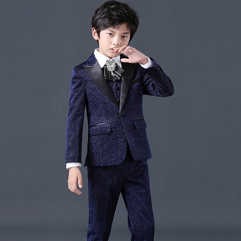 4 Pieces Ring Bearer Suit Boys Kids Suit Formal Suit Blazer & Vest & Pants & Tie Formal Party Valentines Fashion Cool Solid Color Pocket Navy Blue Polyester2
