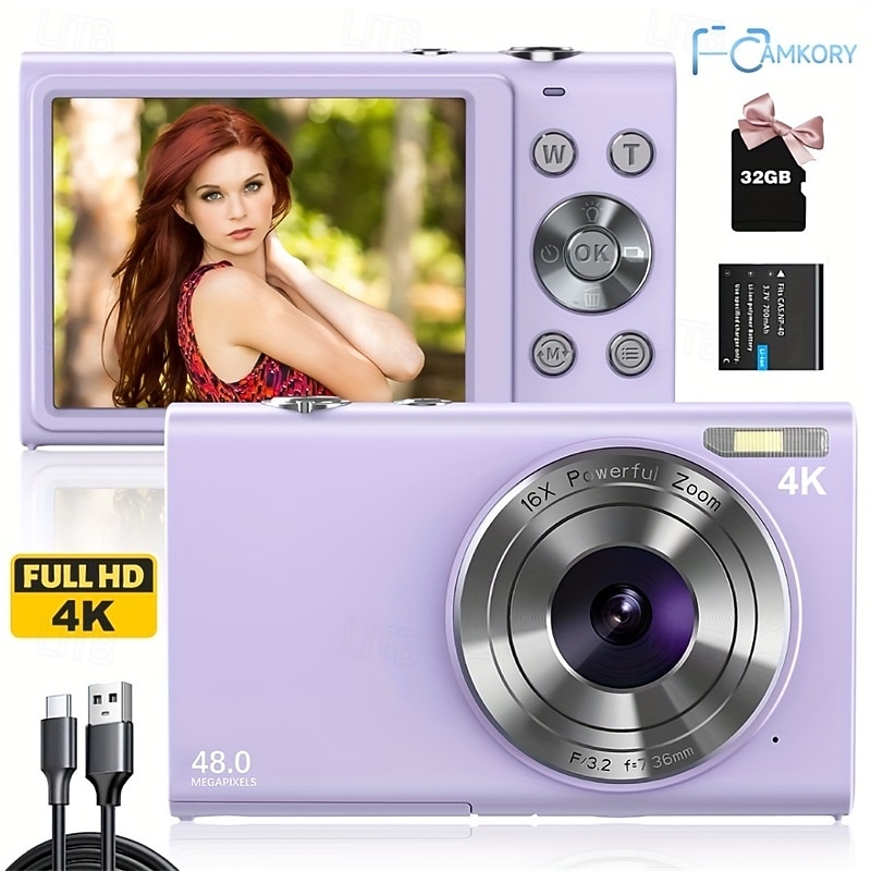 Digital Camera 4K Vlogging Camera 48Mp Digital Zoom Portable Point and Shoot Digicam with 32GB/64GB/128GB Memory Card Included