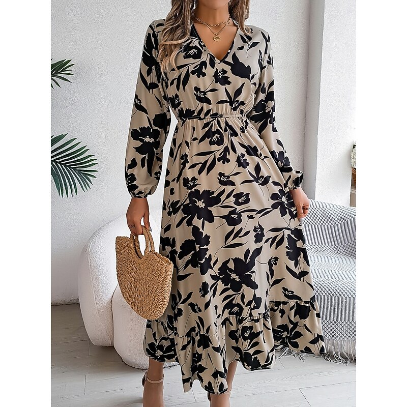 Women's Midi Dress Casual Dress Swing Dress A Line Dress Stylish Casual Vacation Daily Regular Fit Leaf Long Sleeve V Neck Wine Khaki Spring Fall