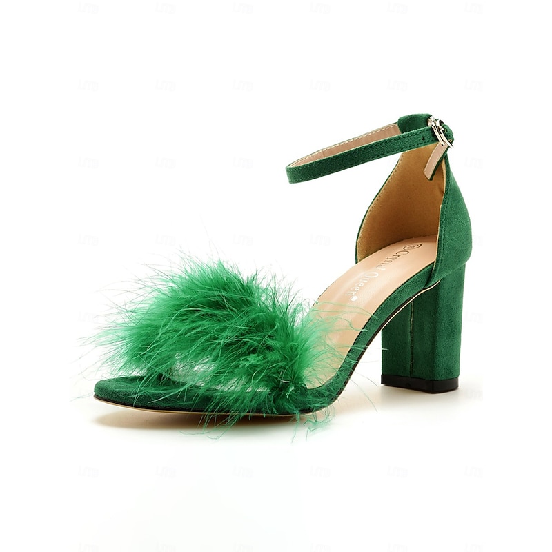 Feather-Embellished Block Heel Wedding Sandals for Women – Elegant Bridal Party Shoes with Ankle Strap2