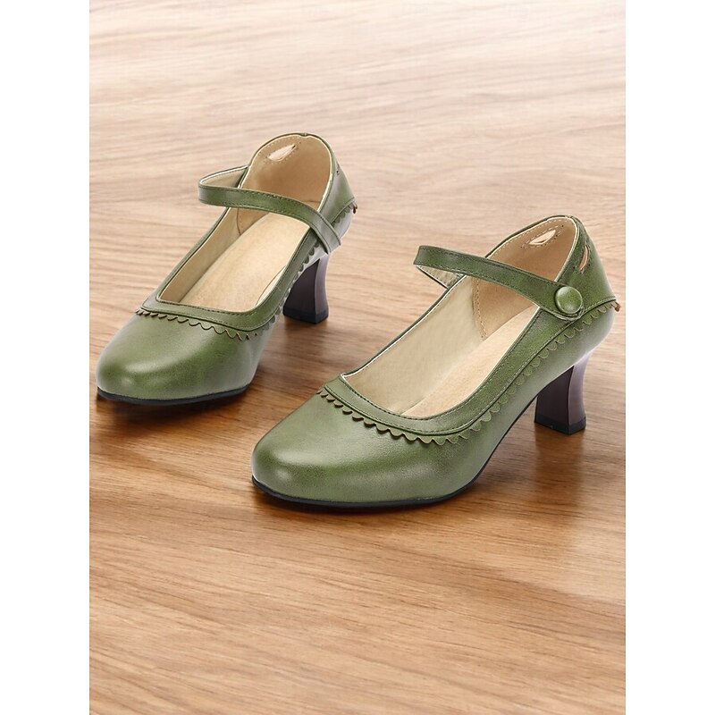 Women's Vintage Green  faux Leather Mary Jane Heels with Scalloped Edge and Button Detail - Comfortable Low Heels for Work， Formal Events and Retro Style Outfits4