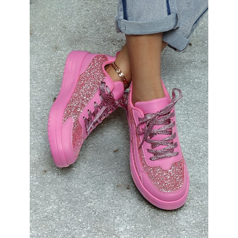 Women's Comfortable Rose Pink Glitter Sneakers Perfect for Casual & Party Wear2