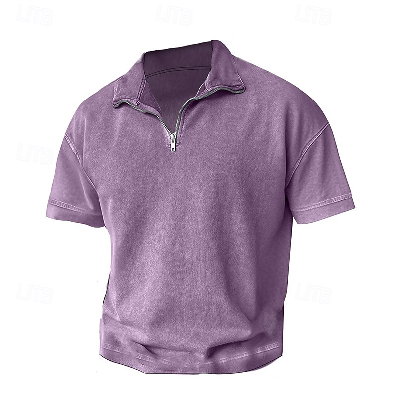 Men's Polo Shirts Zip Polo Formal Work Ribbed Polo Collar Short Sleeve Solid Color Buttons Logo Summer Spring Fall Black Purple Green Gray Polo Shirts