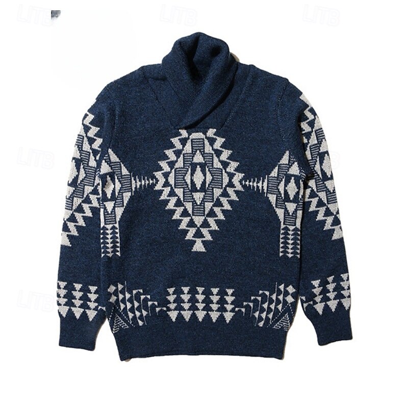 Men's Jacquard Sweater Pullover Sweater Jumper Knit Sweater Ribbed Knit Regular Tops Knitted Argyle Lapel Fashion Basic Vacation Daily Wear Clothing Apparel Fall & Winter Blue S M L3