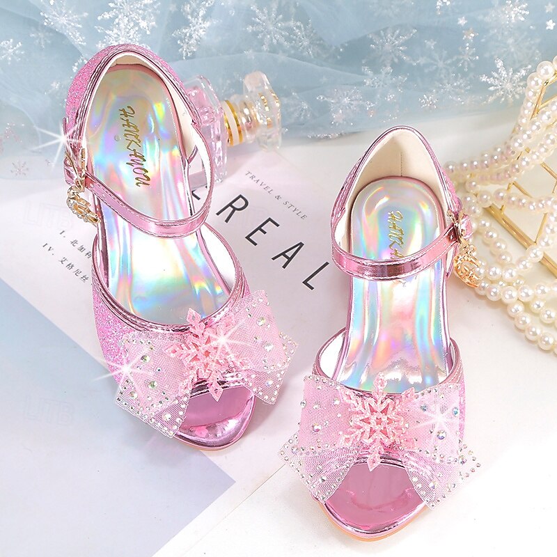 Girls' Pink Glitter Party Shoes – Peep-Toe Design, Bow and Rhinestone Decoration, Adjustable Strap, Perfect for Weddings and Special Occasions2