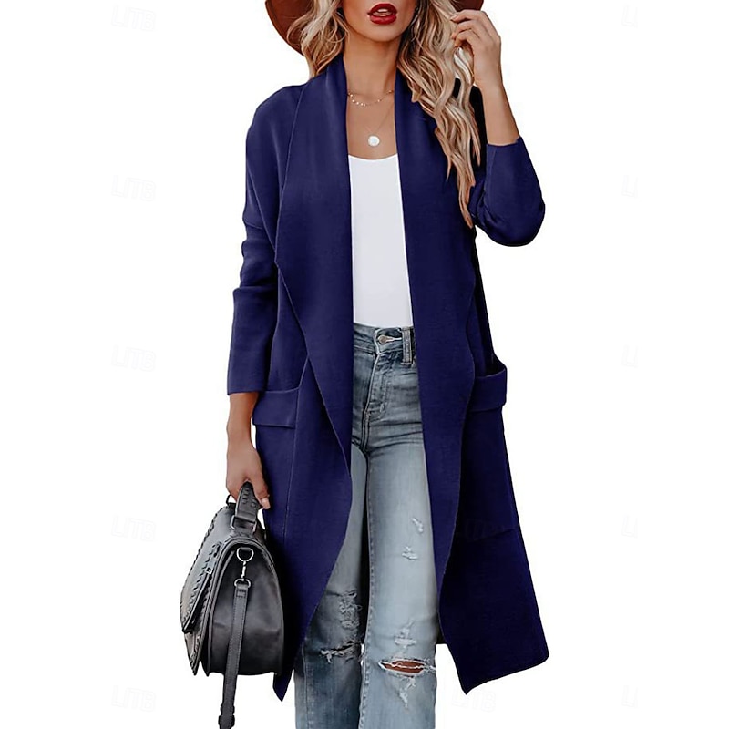 Women's Winter Coat Outdoor Street Daily Fall Winter Long Coat Regular Fit Warm Breathable Comtemporary Stylish Jacket Long Sleeve Solid Color with Pockets Blue Coffee Gray3