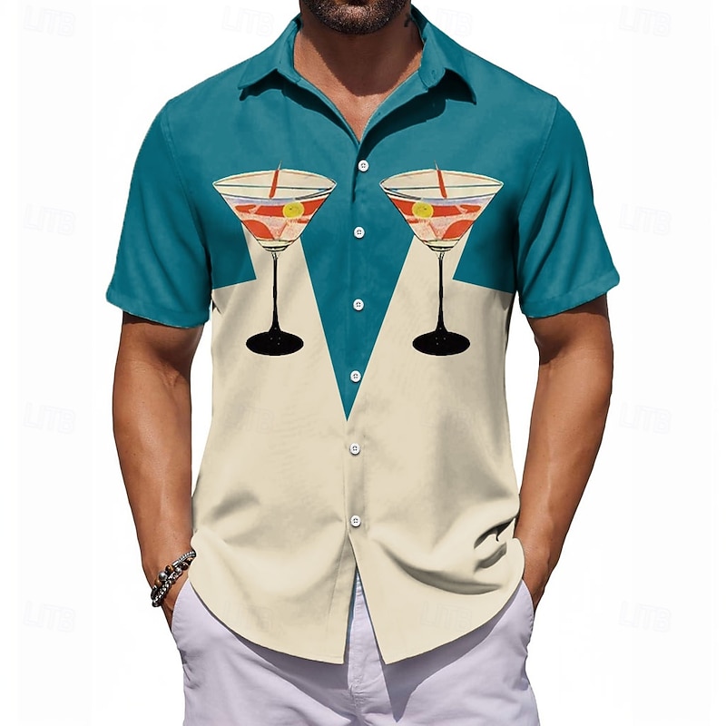 Men's Color Block Wine Glass Casual Shirt Bowling Shirt Button Up Shirt Short Sleeve Artistic Abstract Causal Casual Spring Fall Turndown Button Up Green