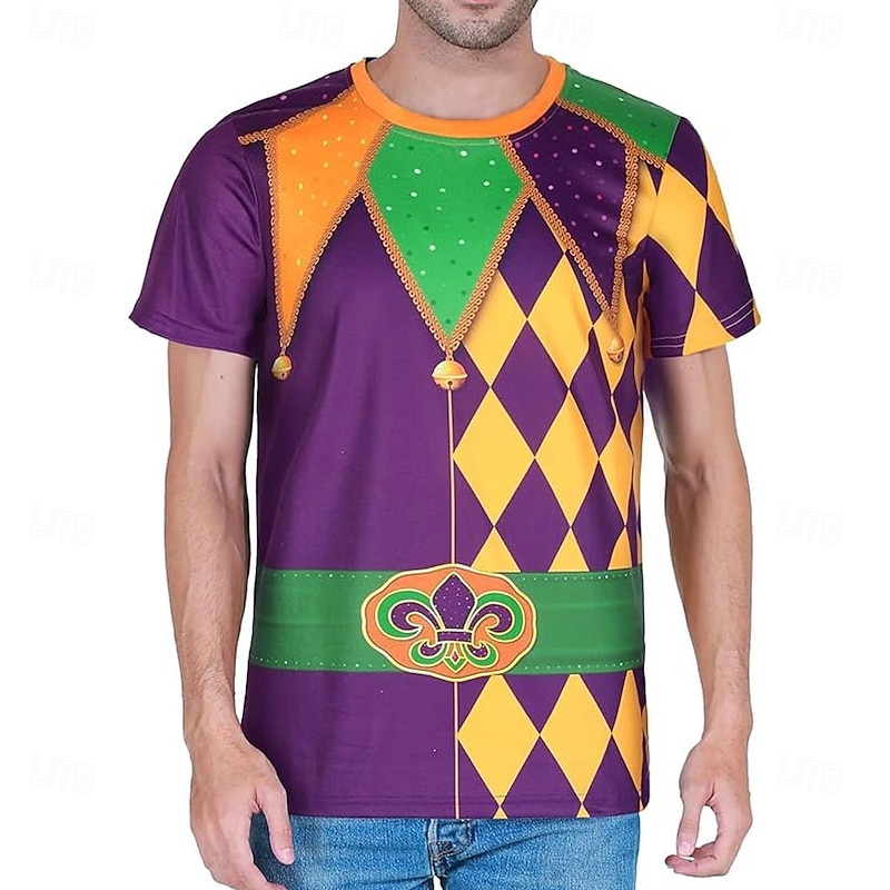 Mardi Gras Men's Tuxedo Costume T Shirt Short Sleeve T shirt 3D Print Crew Neck Shirt Exaggerated Designer Party Holiday Club Purple Summer Spring Clothing Apparel S M L XL XXL XXXL
