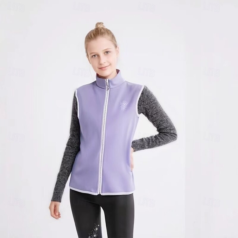 Figure Skating Fleece Jacket Figure Skating Jacket with Pants Women's Girls' Ice Skating Vest / Gilet Jacket Top Black Light Purple Patchwork Spandex Stretchy Training Practice Professional Skating